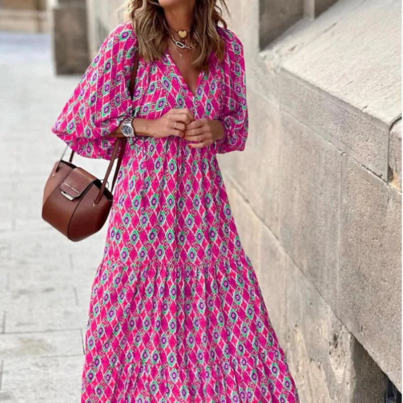 Summer Boho Maxi Female Formal Dress Lantern Sleeve Printing Long Dress Luxury Suitable Elegant Party Dresses For Women 2023 New