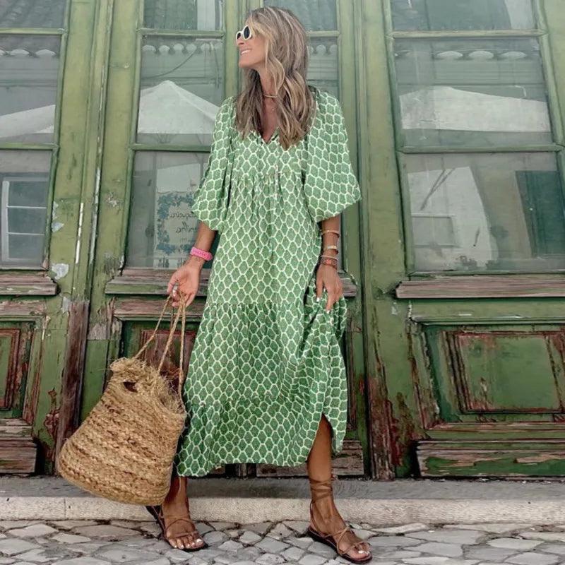 Summer Boho Maxi Female Formal Dress Lantern Sleeve Printing Long Dress Luxury Suitable Elegant Party Dresses For Women 2023 New