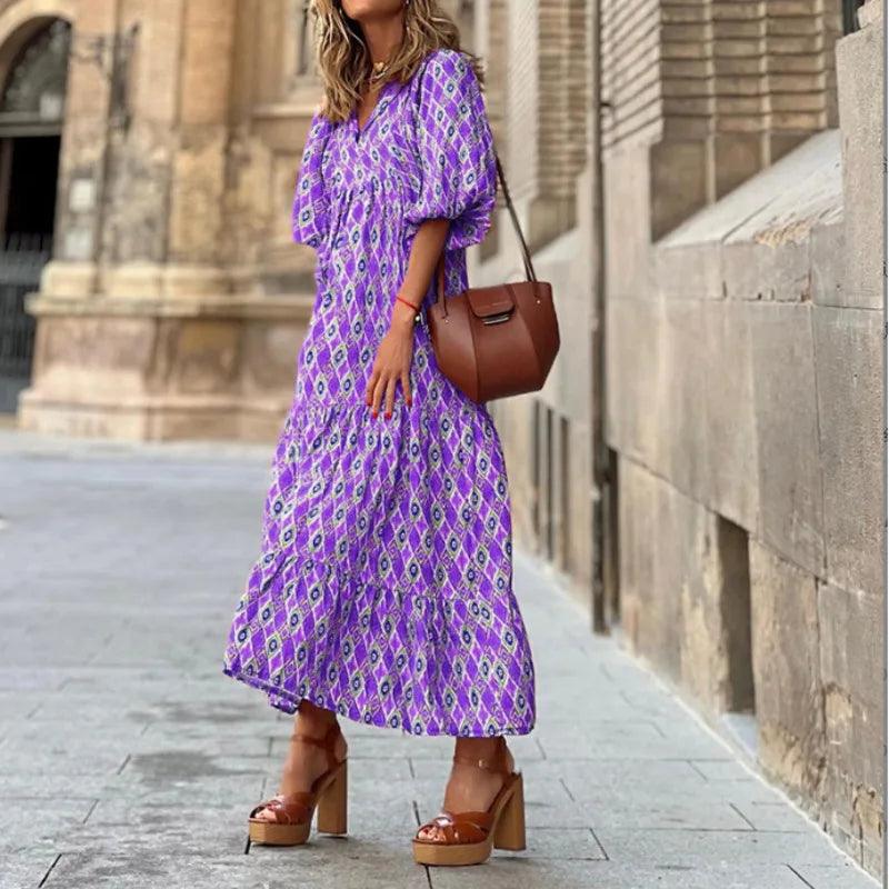 Summer Boho Maxi Female Formal Dress Lantern Sleeve Printing Long Dress Luxury Suitable Elegant Party Dresses For Women 2023 New