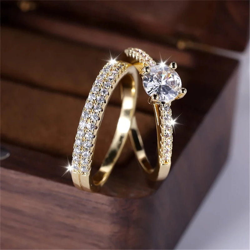 Conjunto de anéis femininos de luxo com 2 peças